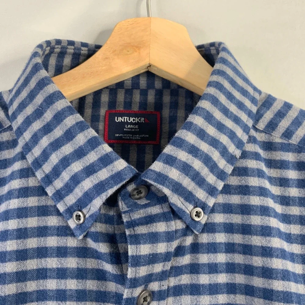 UNTUCKit Mens Regular Fit Gingham Button‎ Down Shirt Blue Grey Large Performance